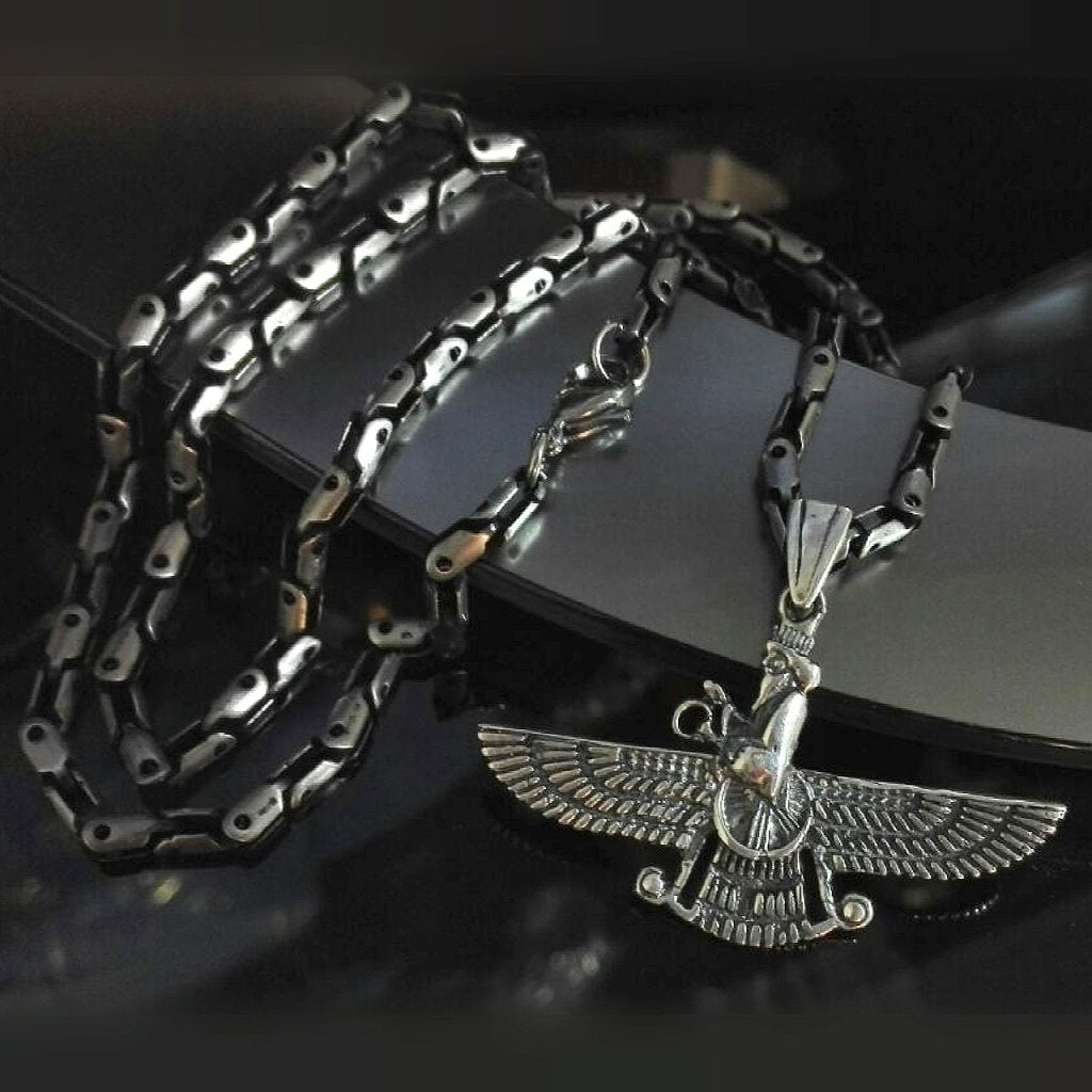 silver Farvahar necklace on a chunky chain