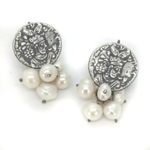 Silver Sasanian Coin and Pearls Earrings