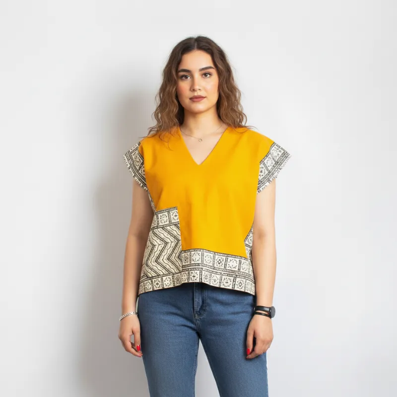 Persian Women’s Cotton Yellow Top With Ghalamkar pattern