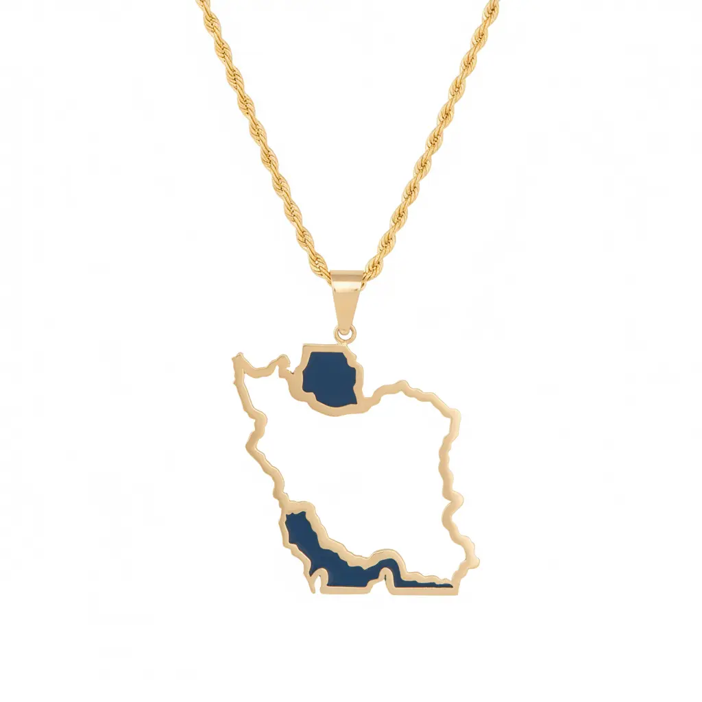 Persian 18K Gold Large Iran Map Pendant Necklace