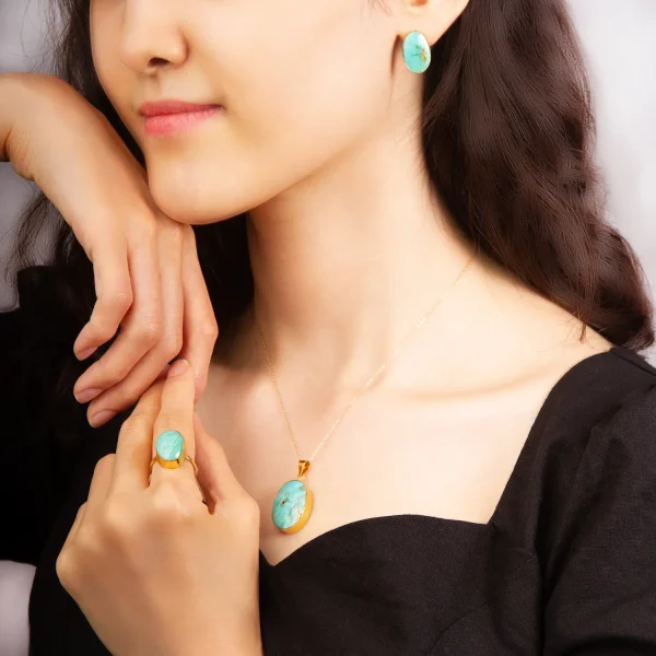 Luxury 18K Gold and Neshabur Turquoise Set - Ring, Pendant and Earrings