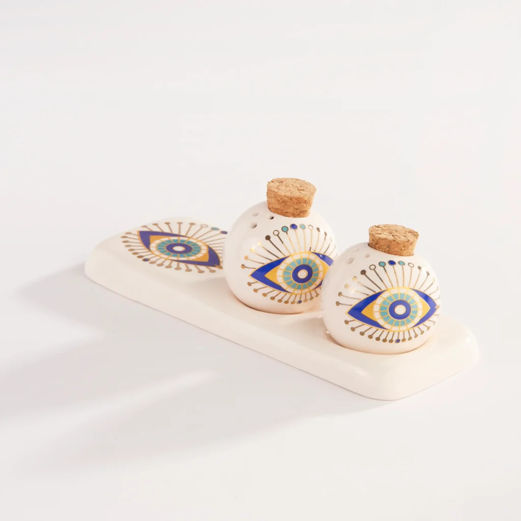 Evil Eye Ceramic Salt Shaker Set – Handmade & Decorative