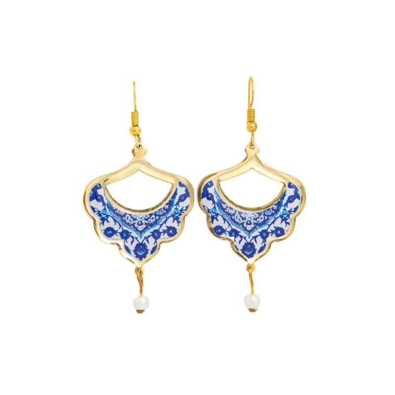 Persian Tile Design  Earrings with Pearl Charm