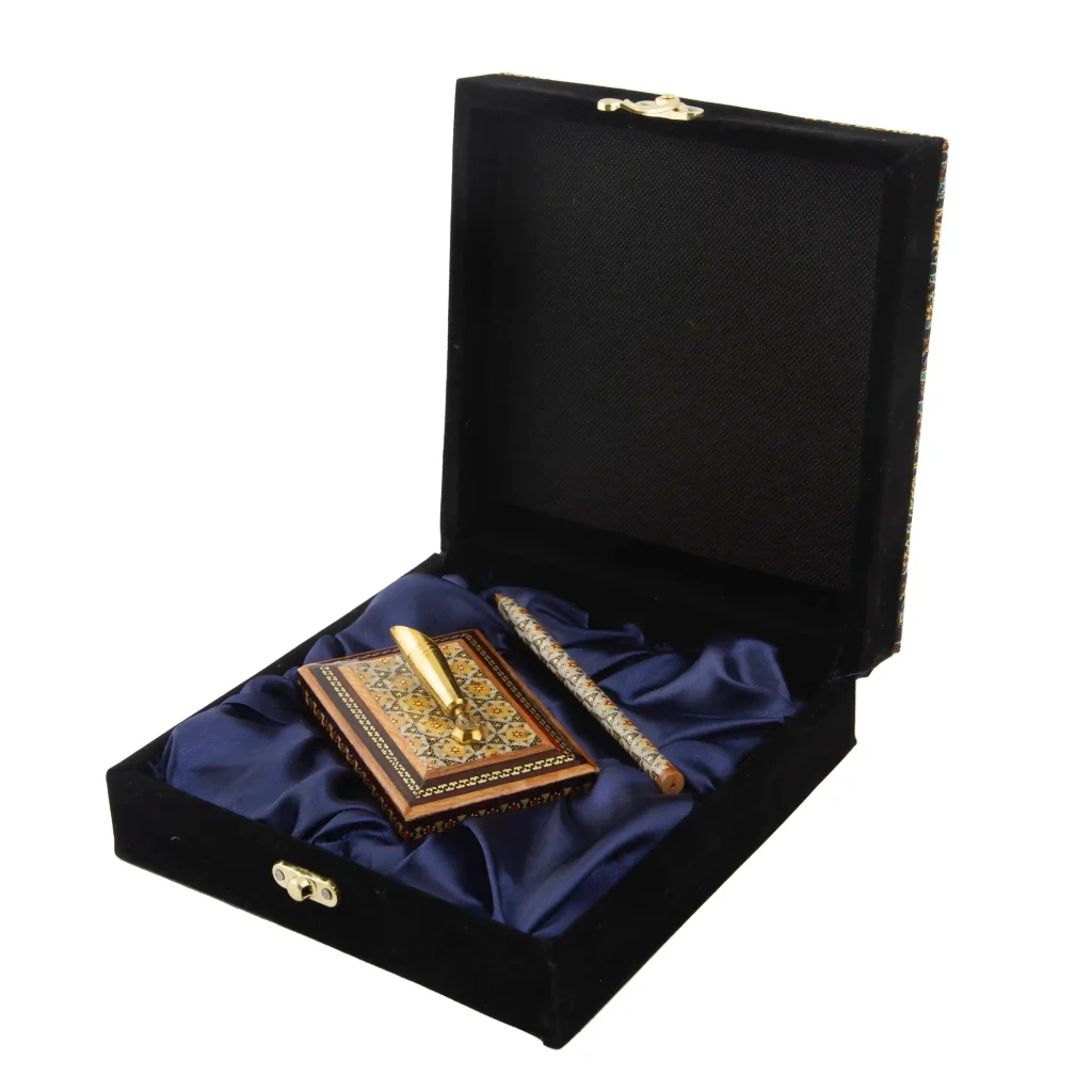 Khatam Kari gift set with Termeh pen holder and intricate inlay pen