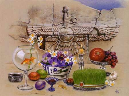 Nowruz gifts with Persian sweets, painted eggs, and decorative gift boxes, beautifully packaged for Persian New Year.