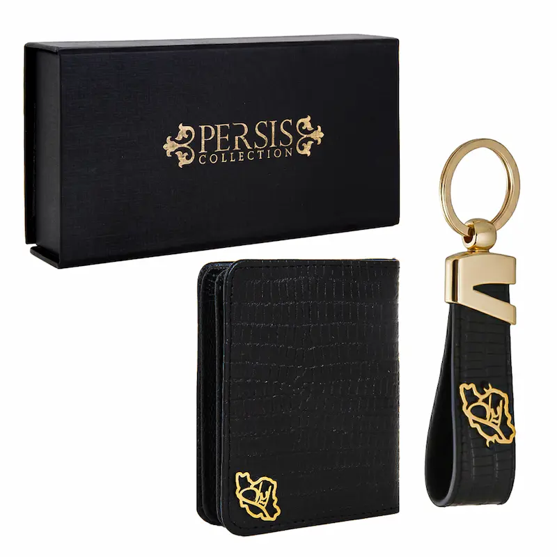 Persian Crafted Gift Set – Handmade Leather Card Holder & Keychain Gift Set