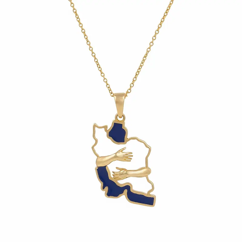 Persian Gold Necklace “Hug of Iran” – 18K Gold Map Design with Blue Enamel Accent