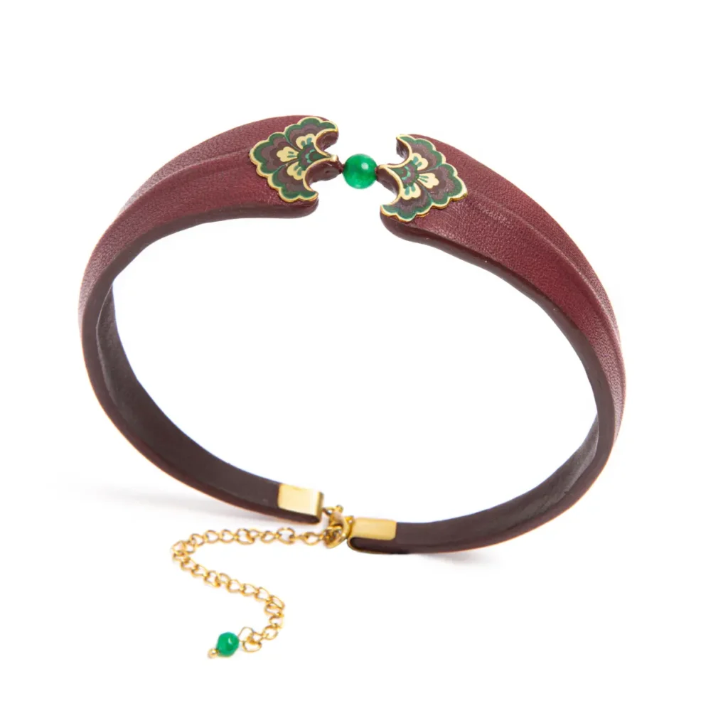 Green Stone Persian Necklace Choker - Handmade Leather and Brass Persian Jewelry
