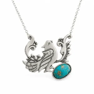 Nishapur Persian Turquoise Silver Necklace with Bird Engraving