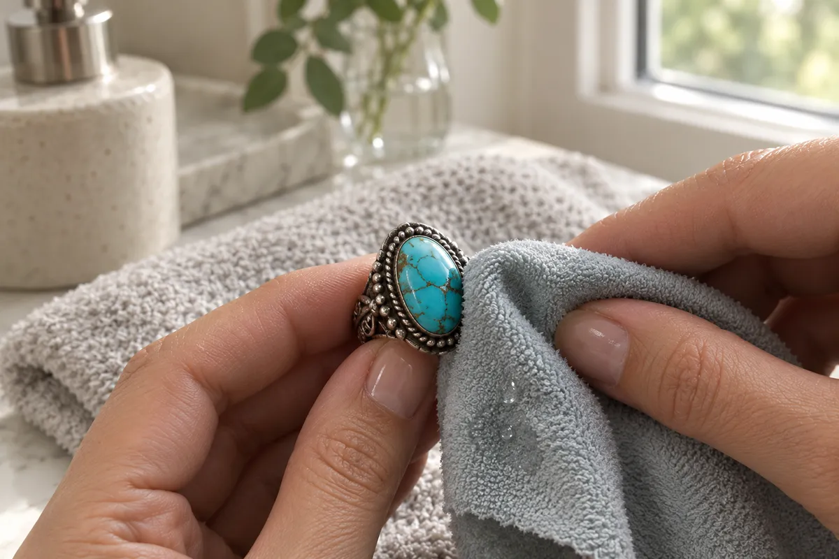 Gently cleaning a turquoise ring at home with a damp soft cloth