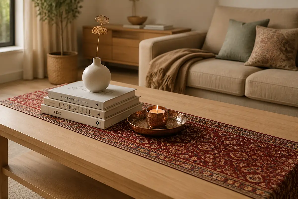 Coffee table styled with a Persian table runner, ceramic vase, books and a small engraved tray