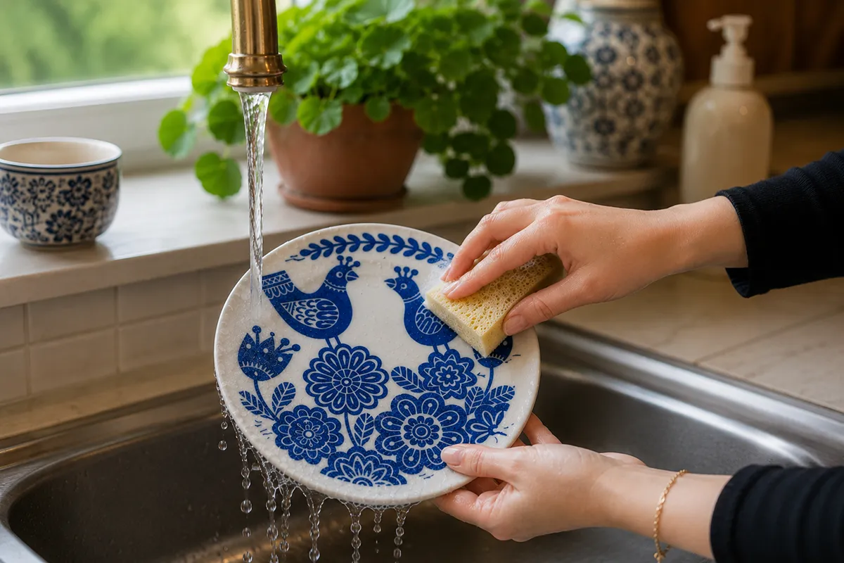 Hands gently washing a hand-painted Persian ceramic bowl with a soft cloth in warm water