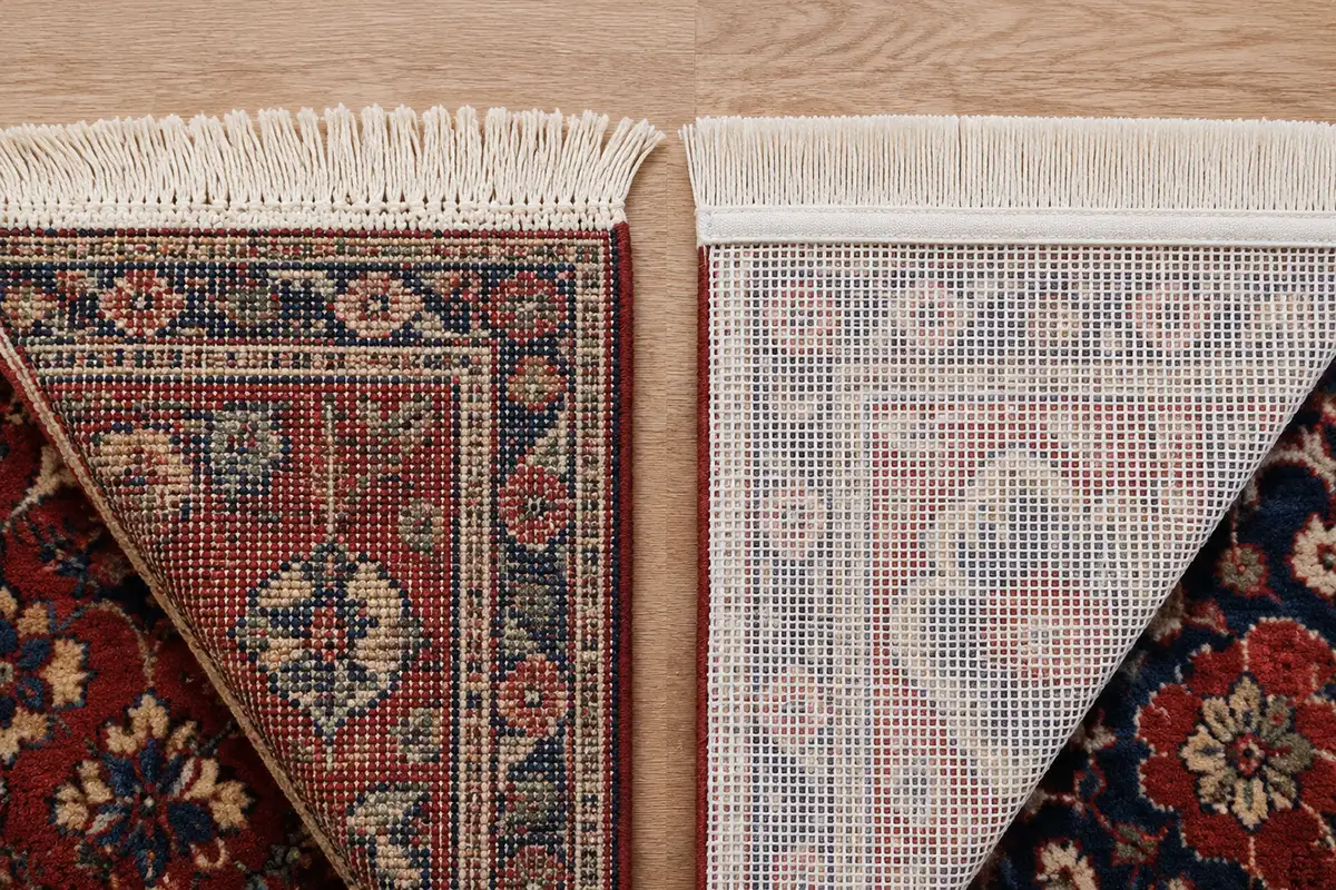 Back of a handmade Persian rug with visible irregular knots next to the uniform back of a machine-made rug