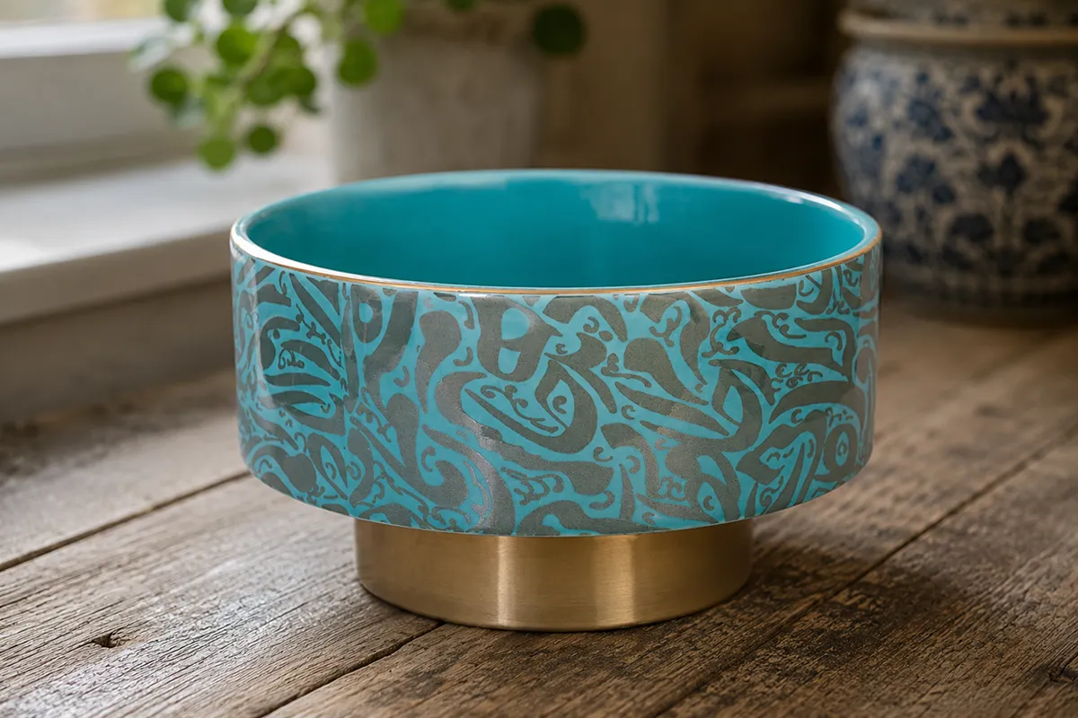 Close-up of a hand-painted cobalt blue Persian ceramic bowl from Lalejin showing brushwork detail
