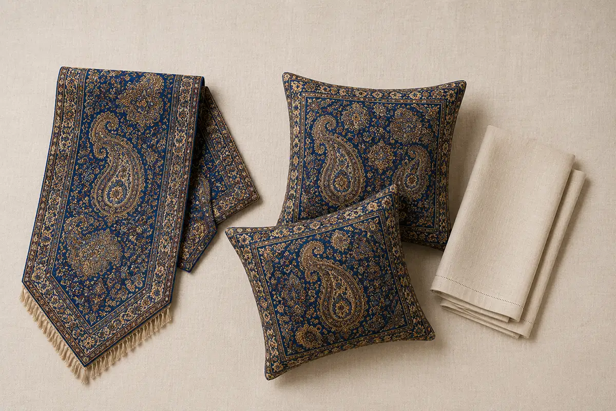 Flat lay of a Persian termeh table runner layered with matching cushion covers and folded tablecloth