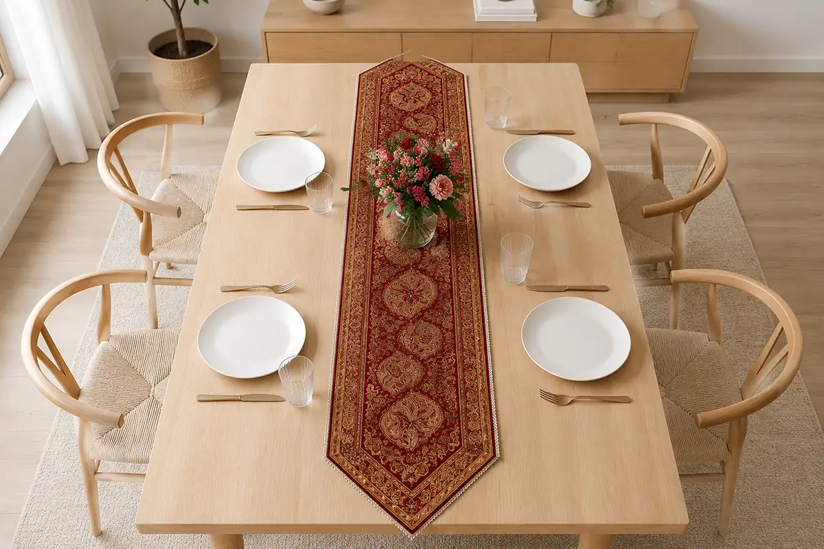 Modern pale wood dining table styled with a jewel toned Persian table runner and minimal tableware
