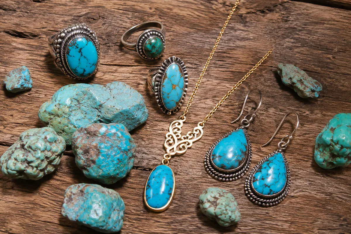 Collection of authentic Persian turquoise jewellery and raw stones