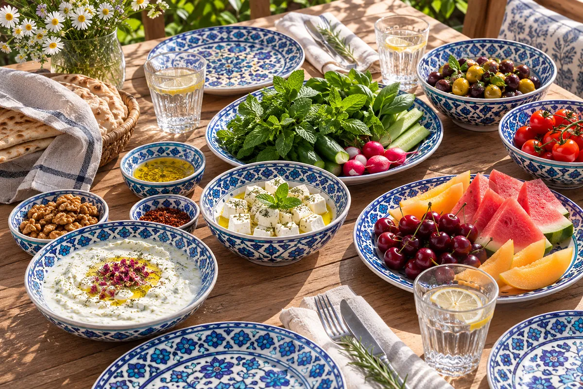 A styled outdoor summer table with Persian ceramic serving plates, bowls and dip dishes alongside fresh herbs and fruit