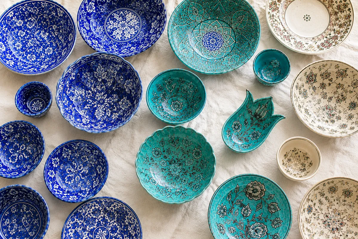 Flatlay of Persian ceramic tableware in complementary cobalt blue, turquoise and cream patterns