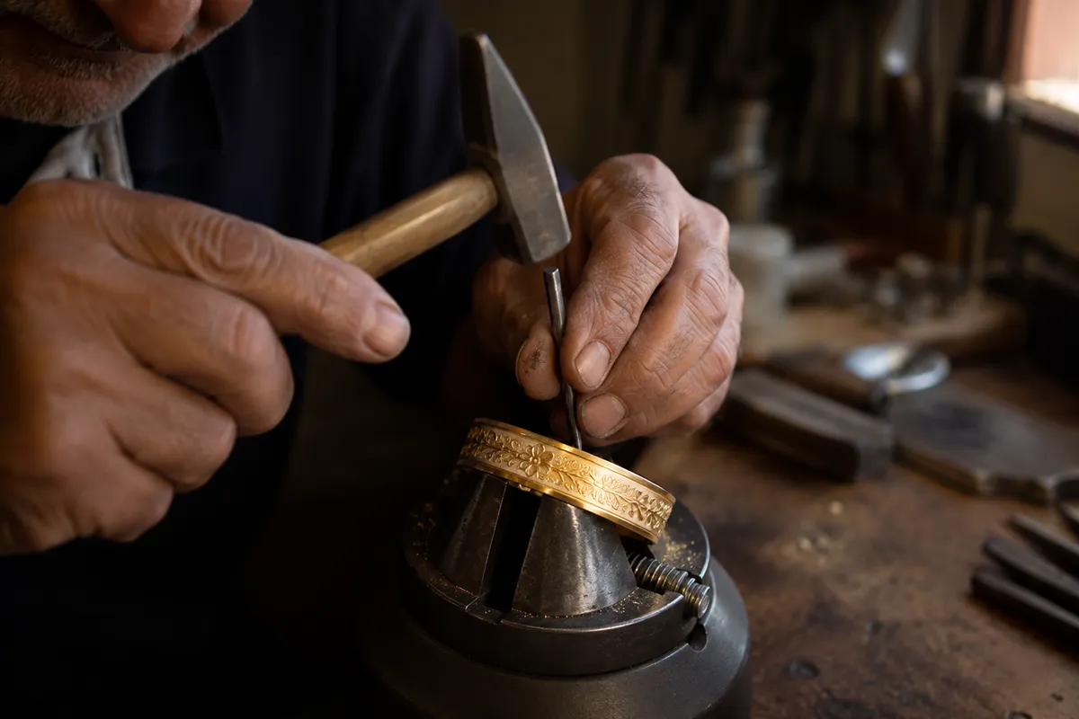 Persian goldsmith hand-engraving a piece of 18K gold jewellery in a workshop