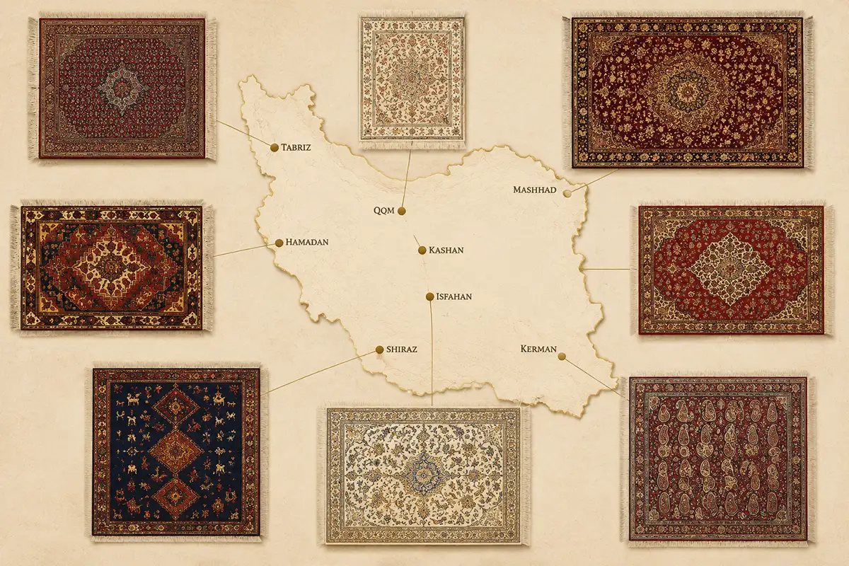 Map of Iran showing eight famous Persian rug weaving cities, with an authentic rug design from each: Tabriz, Mashhad, Qom, Kashan, Isfahan, Hamadan, Shiraz and Kerman