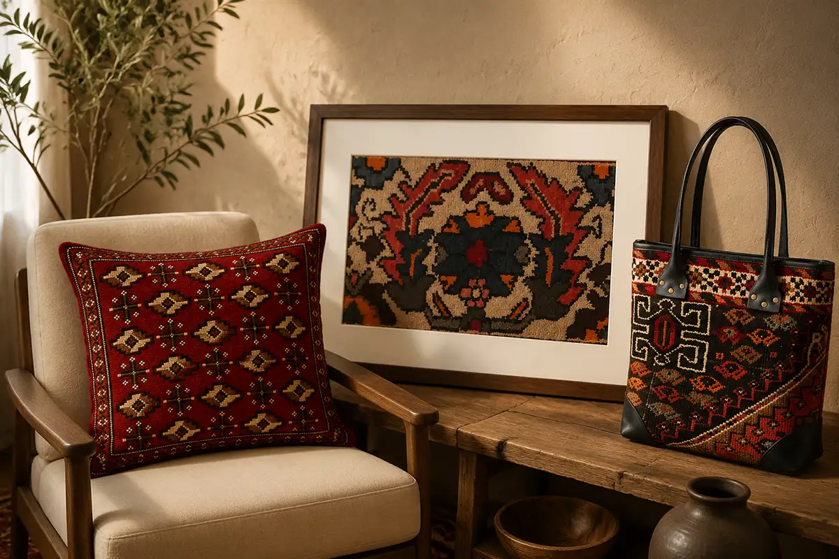 Persian tableau rug, handwoven kilim cushion and carpet-weave bag from Persis Collection