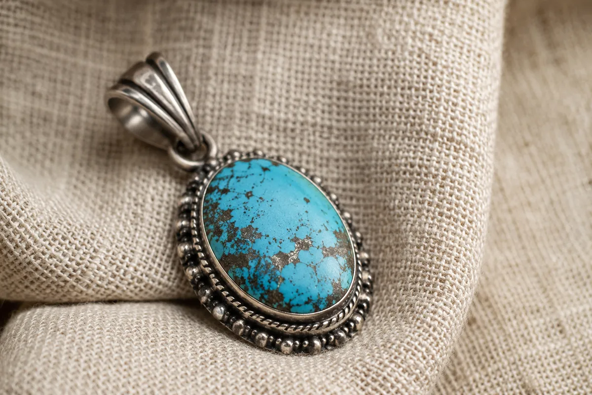 Macro close-up of genuine Persian turquoise set in silver