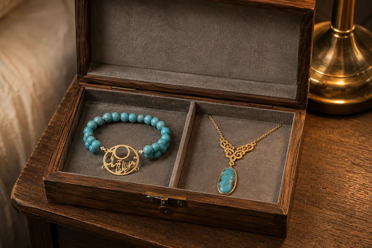 Turquoise jewellery stored separately in a lined jewellery box