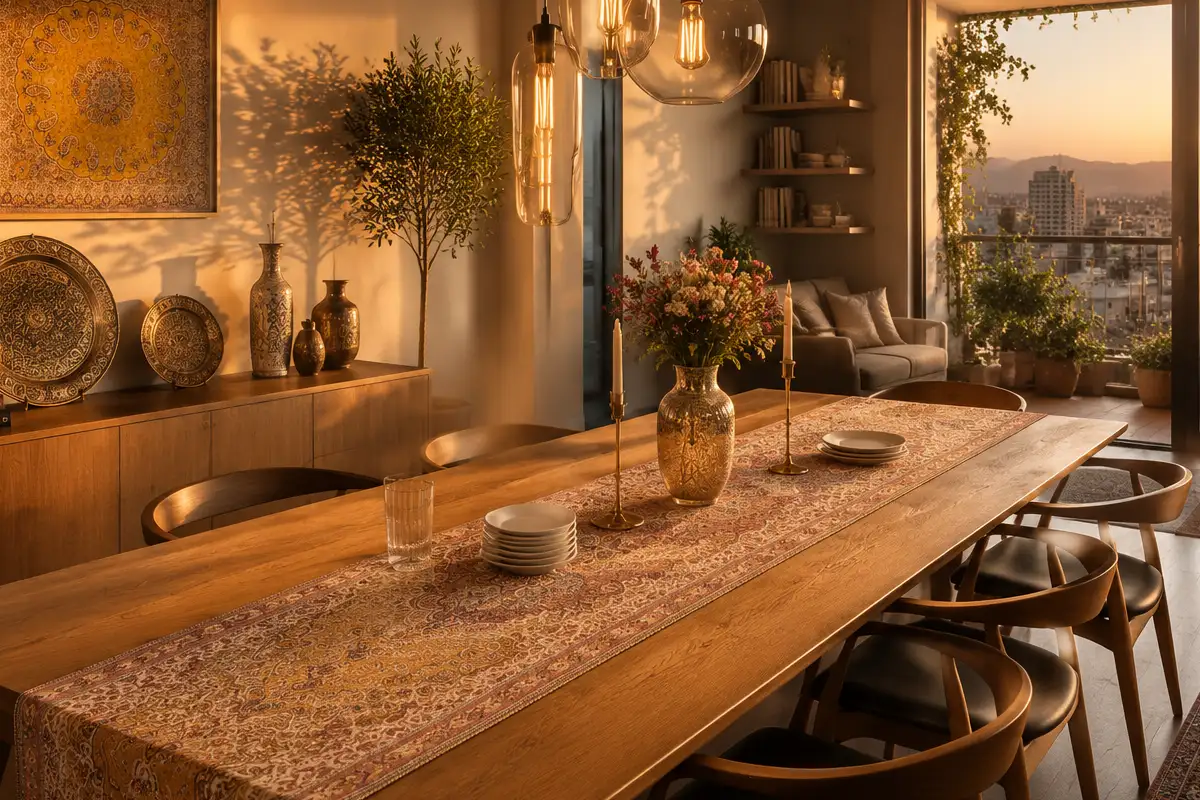 Fully styled modern dining room with a Persian table runner as the centrepiece