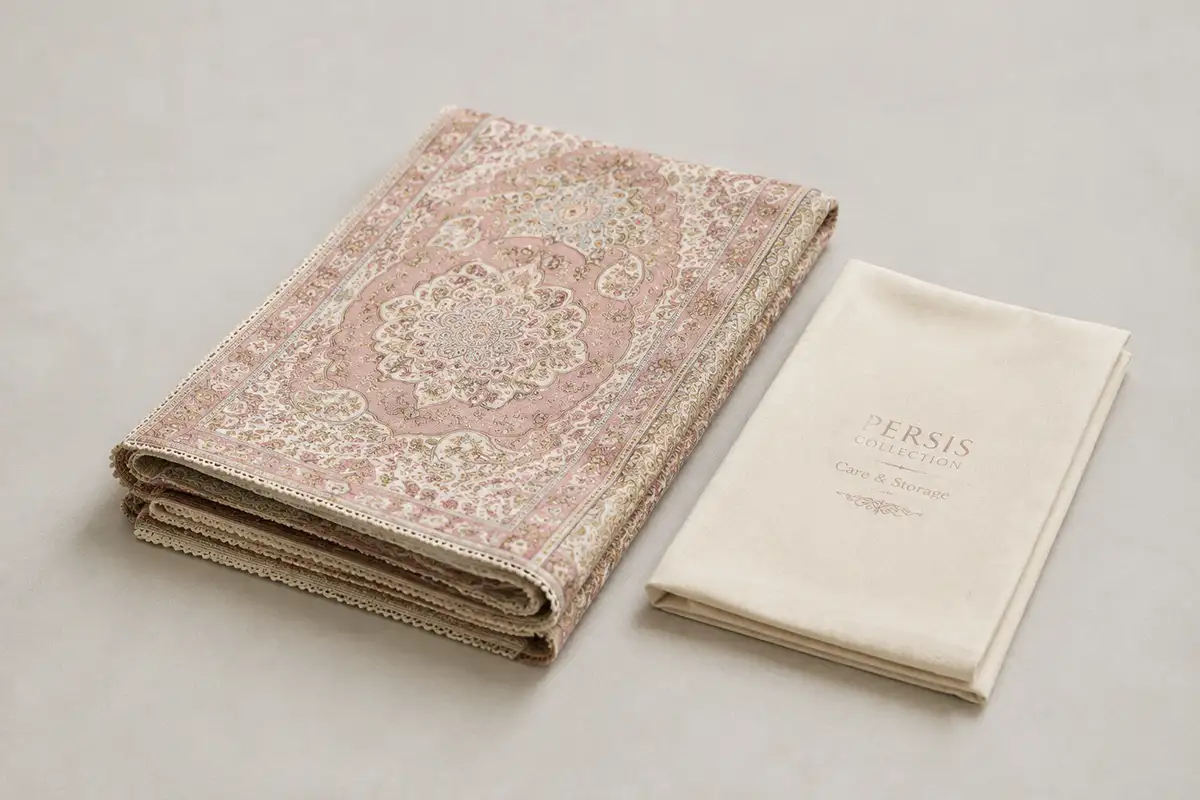 Flat lay of a Persian termeh table runner layered with matching cushion covers and folded tablecloth